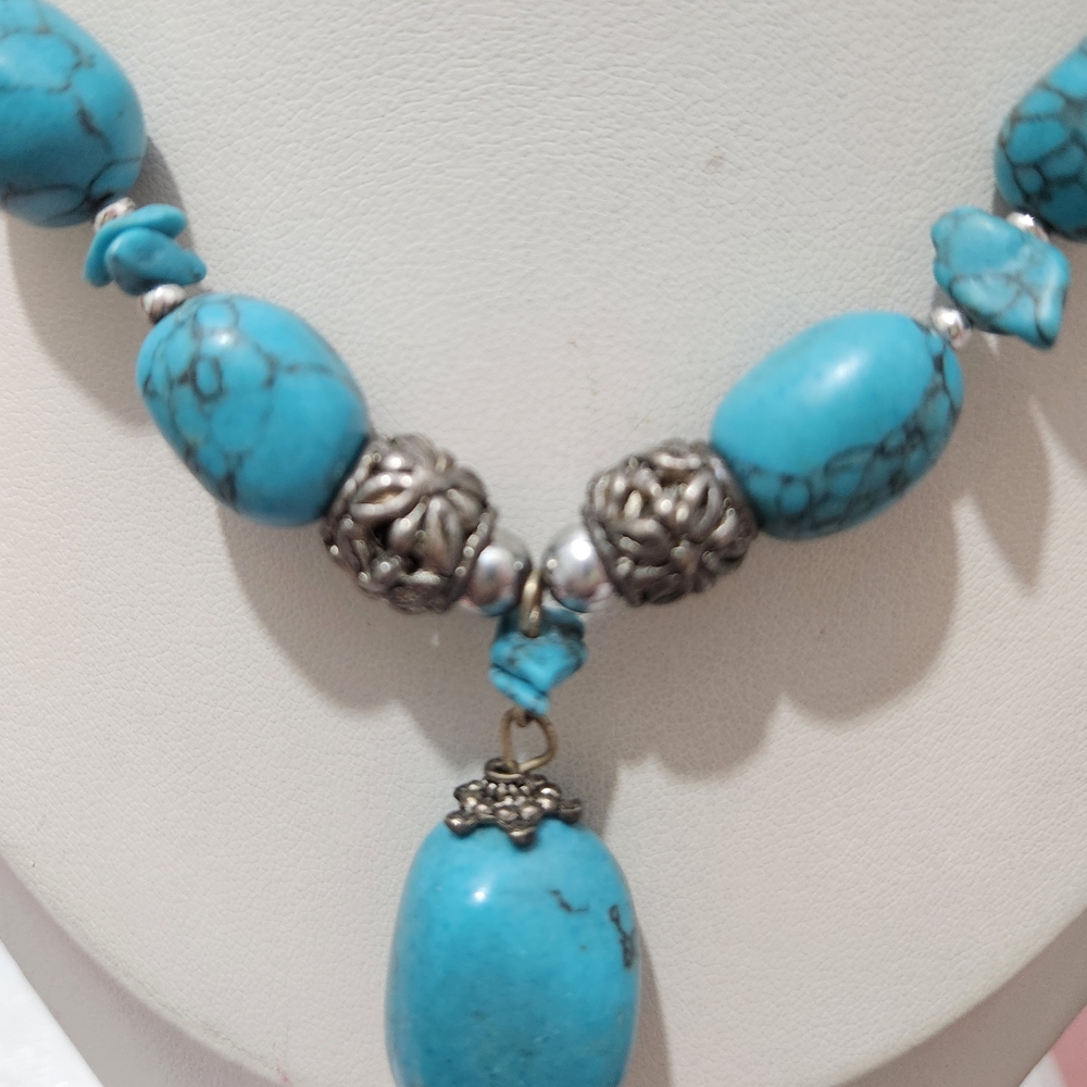 VINTAGE Turquoise Beaded Necklace Sterling Silver - Picture 6 of 7